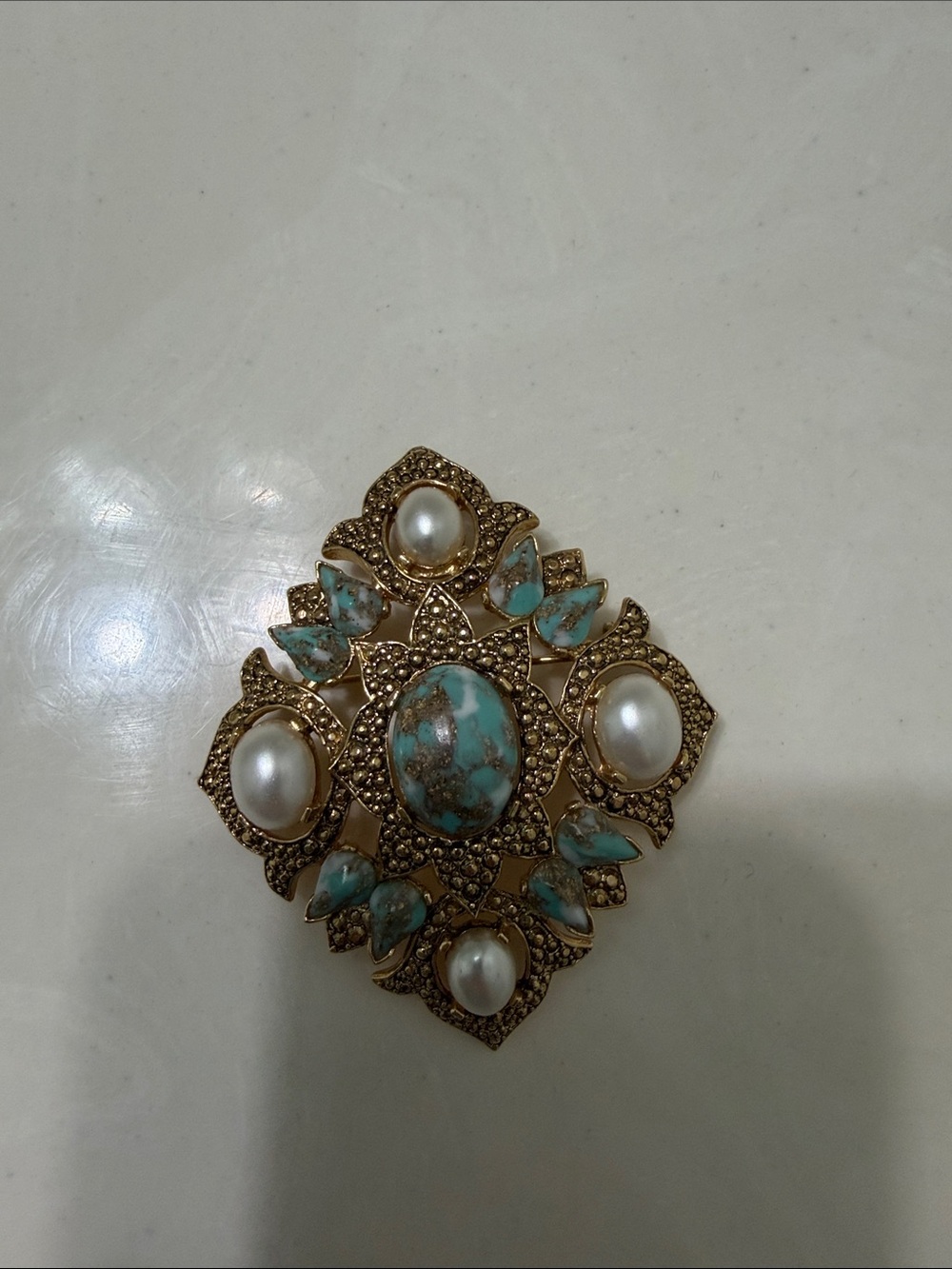 Sarah Coventry Gold-Tone Brooch with Turquoise & Pearl Accents